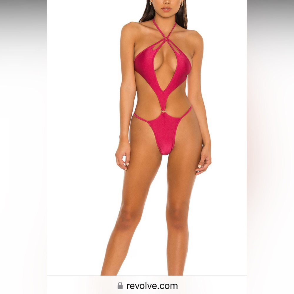 Cutout Plunge Triangle Crossover One-Piece Hi Leg Pink/Rose Love Wave Swimsuit S
